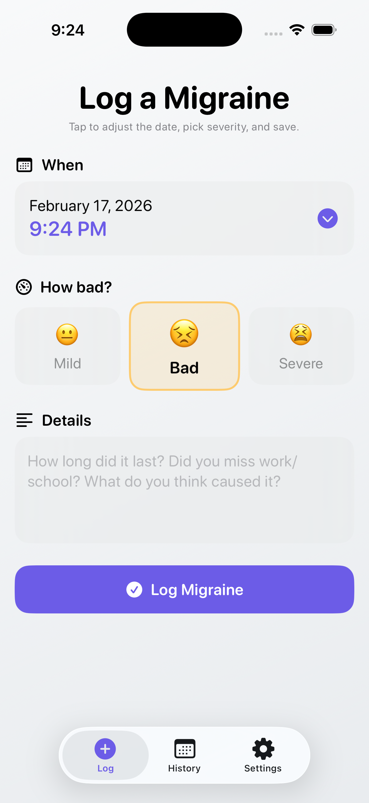 Migraine Logger app screenshot