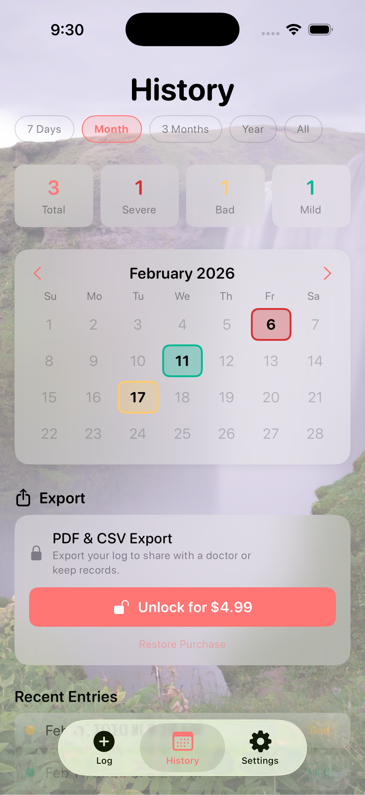 Migraine Logger - History screen