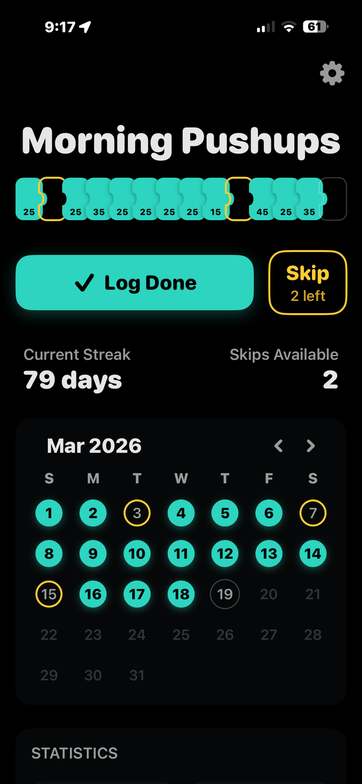 Simple Push-up Tracker daily chain screen